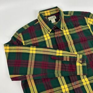 LL Bean Scotch Plaid Flannel Shirt Men's‎ M Green Burgundy Yellow Long Sleeve